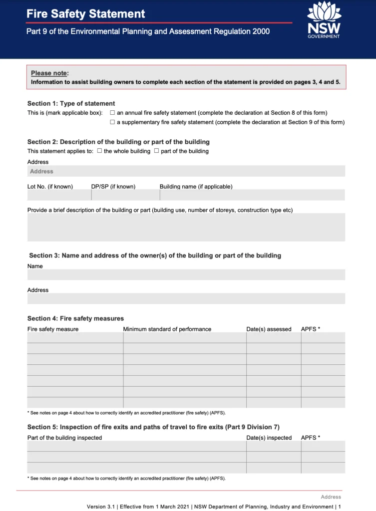 NSW Annual Fire Safety Statement form